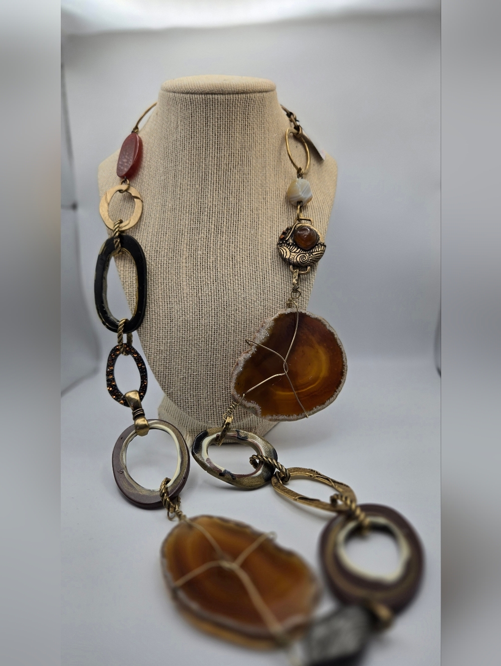 NWT Chico's Long Rhodoria Agate Necklace Mixed Media Stone Boho Rustic Chunky